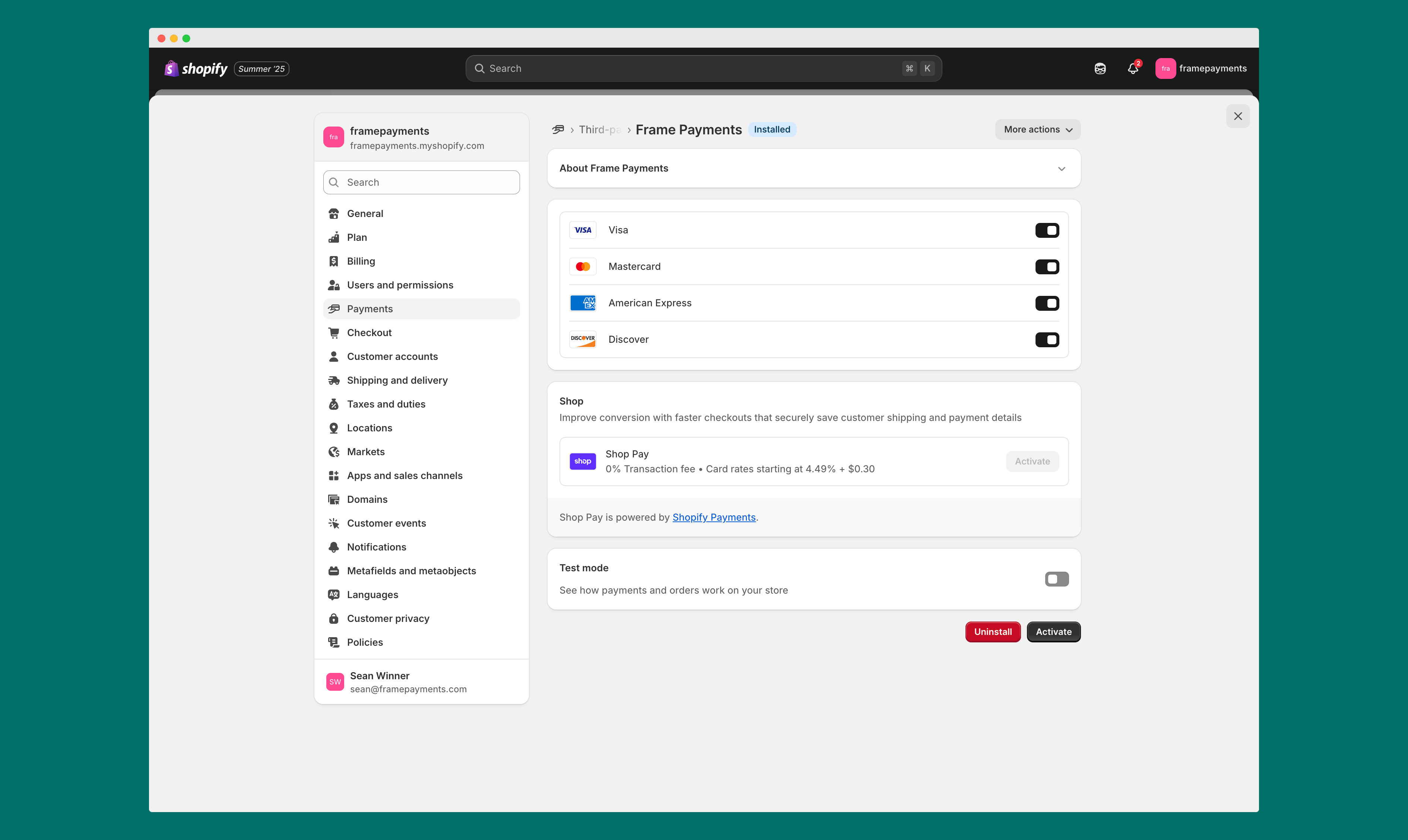 Frame Payments activation button