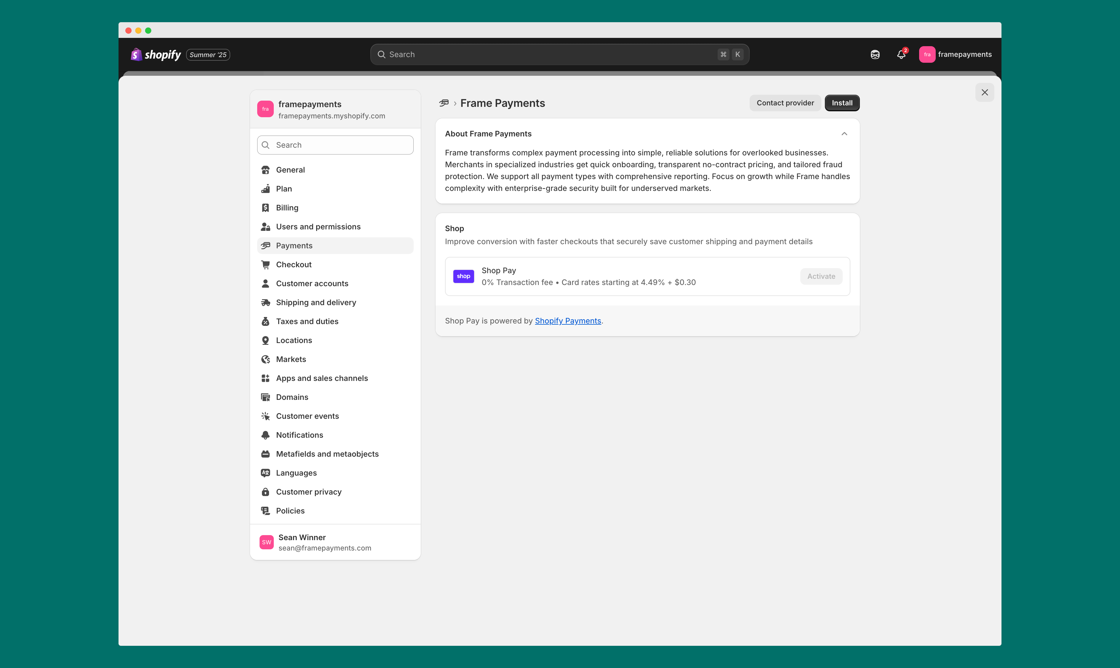 Frame Payments extension page with Install button