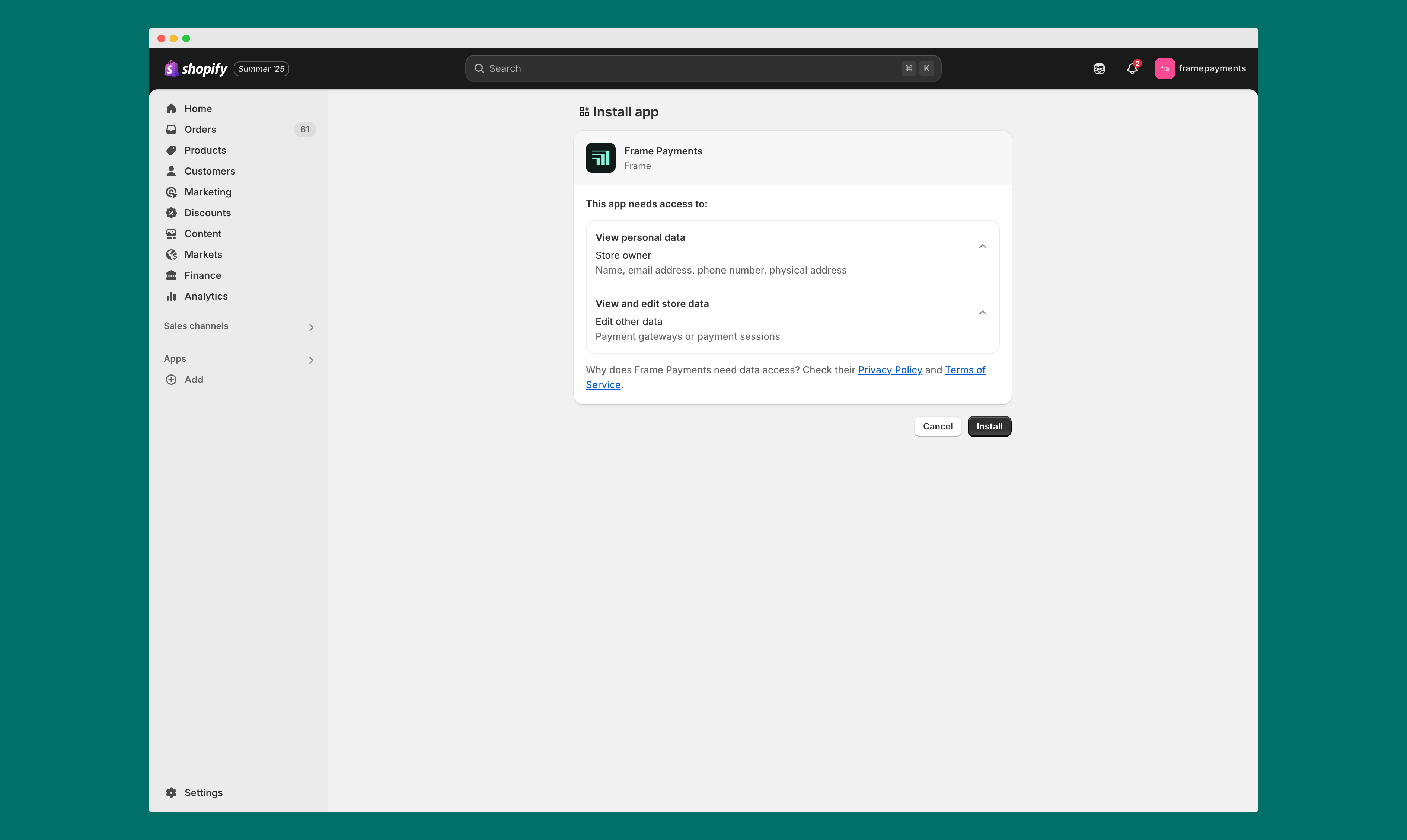 OAuth permissions page